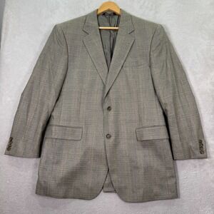 Jos A Bank Blazer Jacket Mens 42L Beige/Blue Plaid Silk Wool Casual Classic EUC